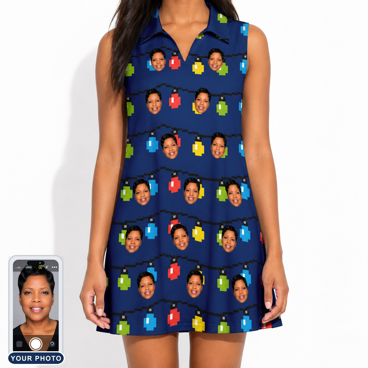 Women's Stringlight Soirée Custom Face V-Neck Dress