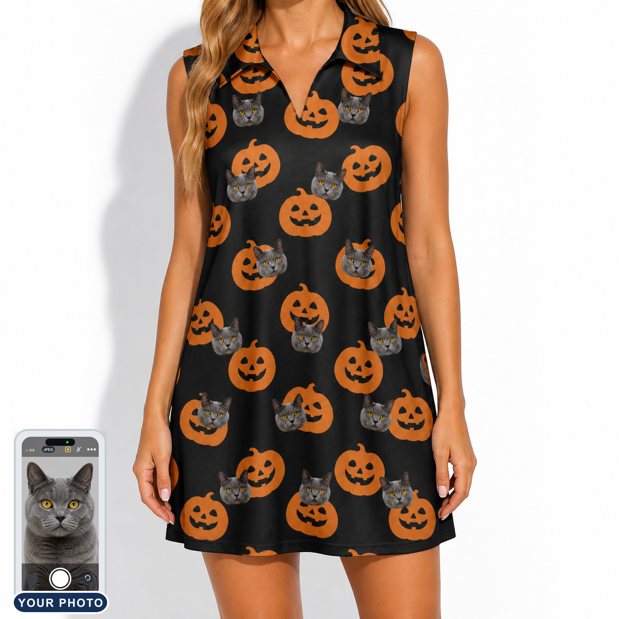 Women's Frightlight Fancies Custom Cat Face V-Neck Dress