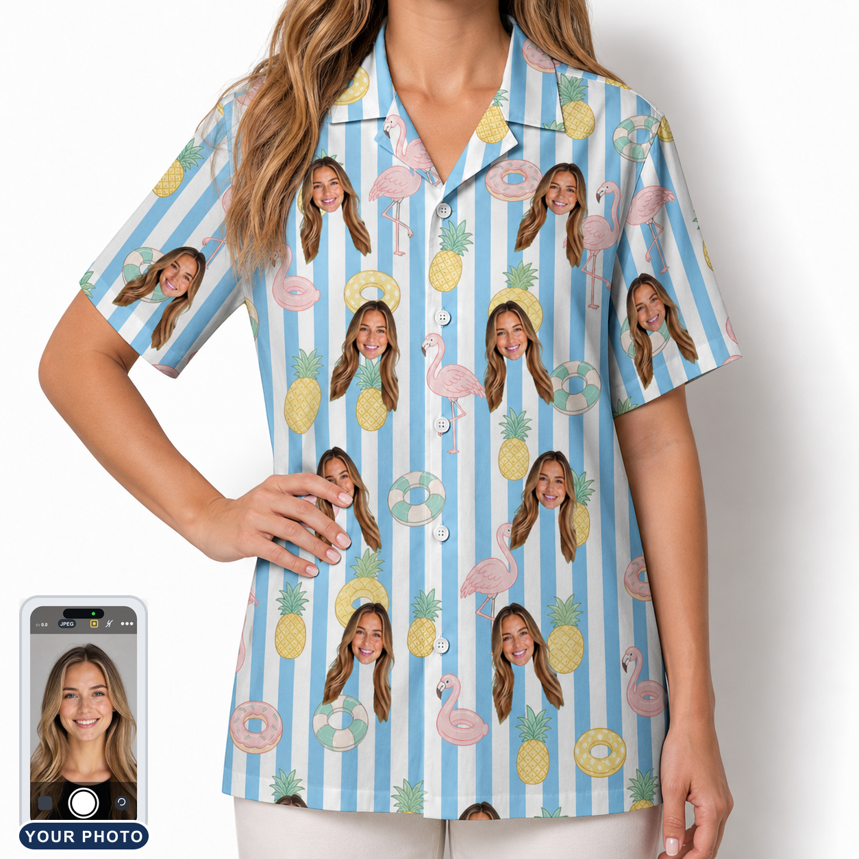 Women's Flamingo Fizz Custom Face Hawaiian Shirt