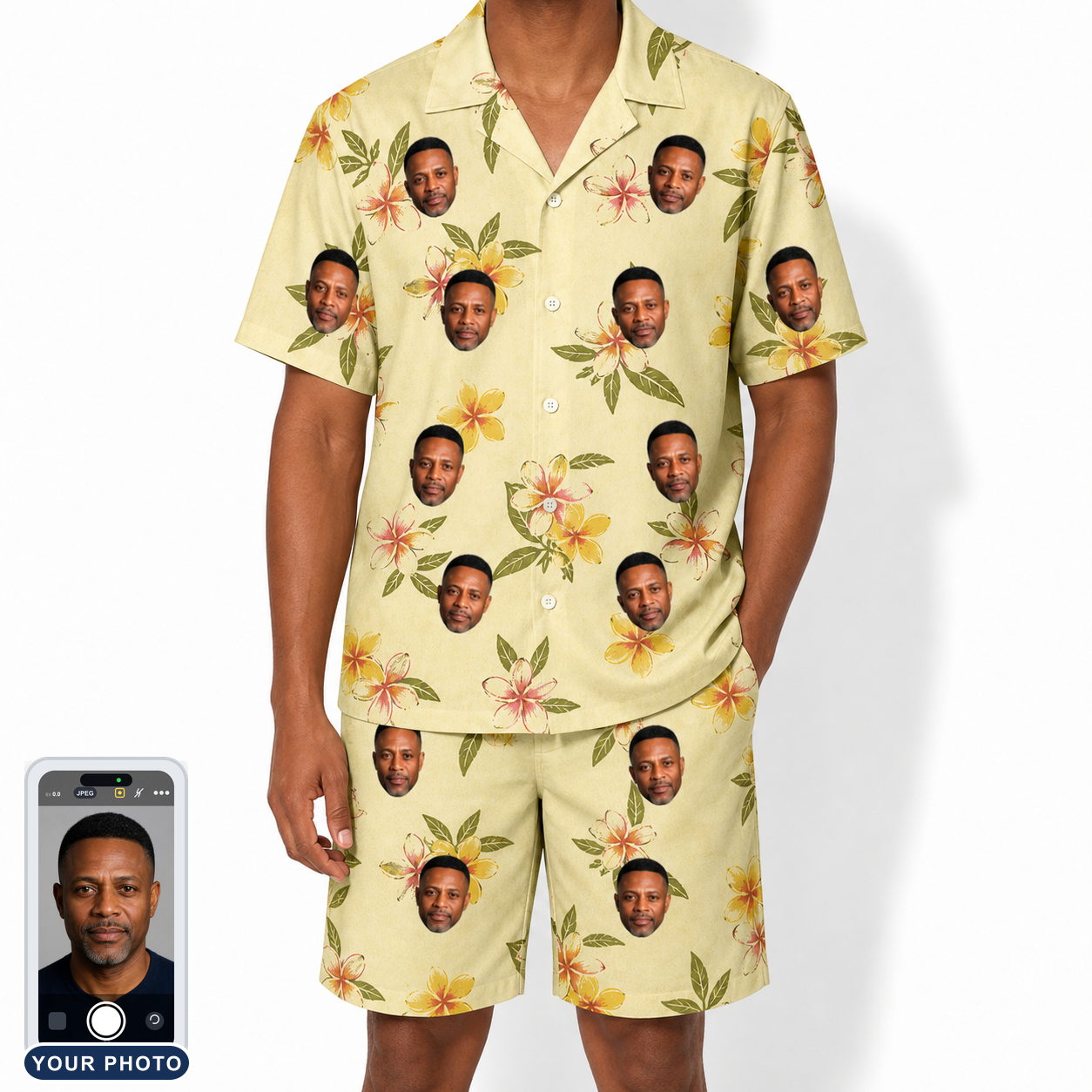 Men's Frangipani Frolic Custom Face Shirt & Shorts Set