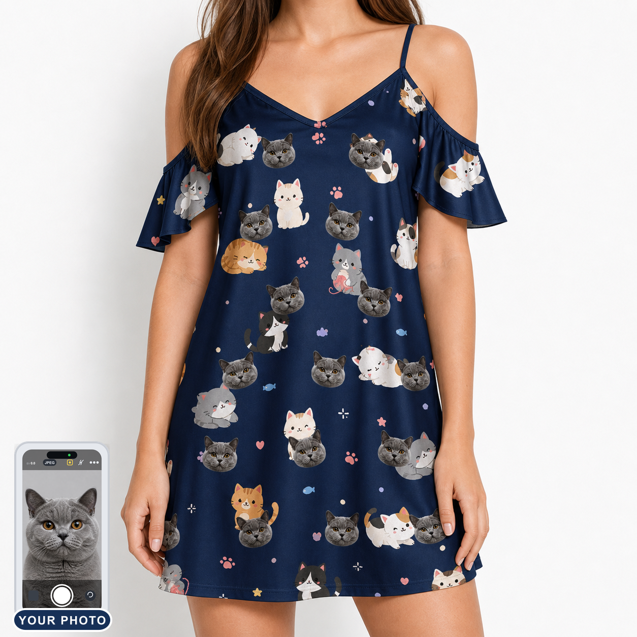 Women's Mewsed Charm Custom Cat Face Off-Shoulder Dress