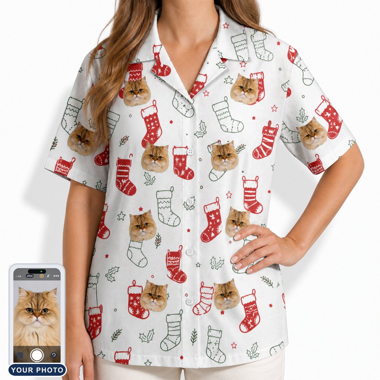 Women's Yule Pouches Custom Cat Face Hawaiian Shirt