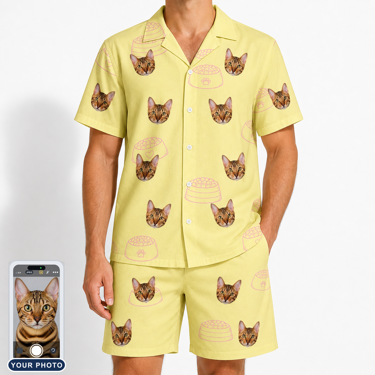 Men's Whisker Buffet Custom Cat Face Shirt & Shorts Set