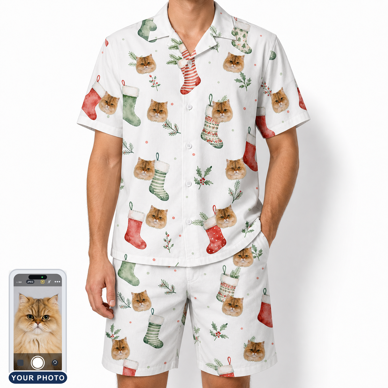 Men's Hearth Hangers Custom Cat Face Shirt & Shorts Set