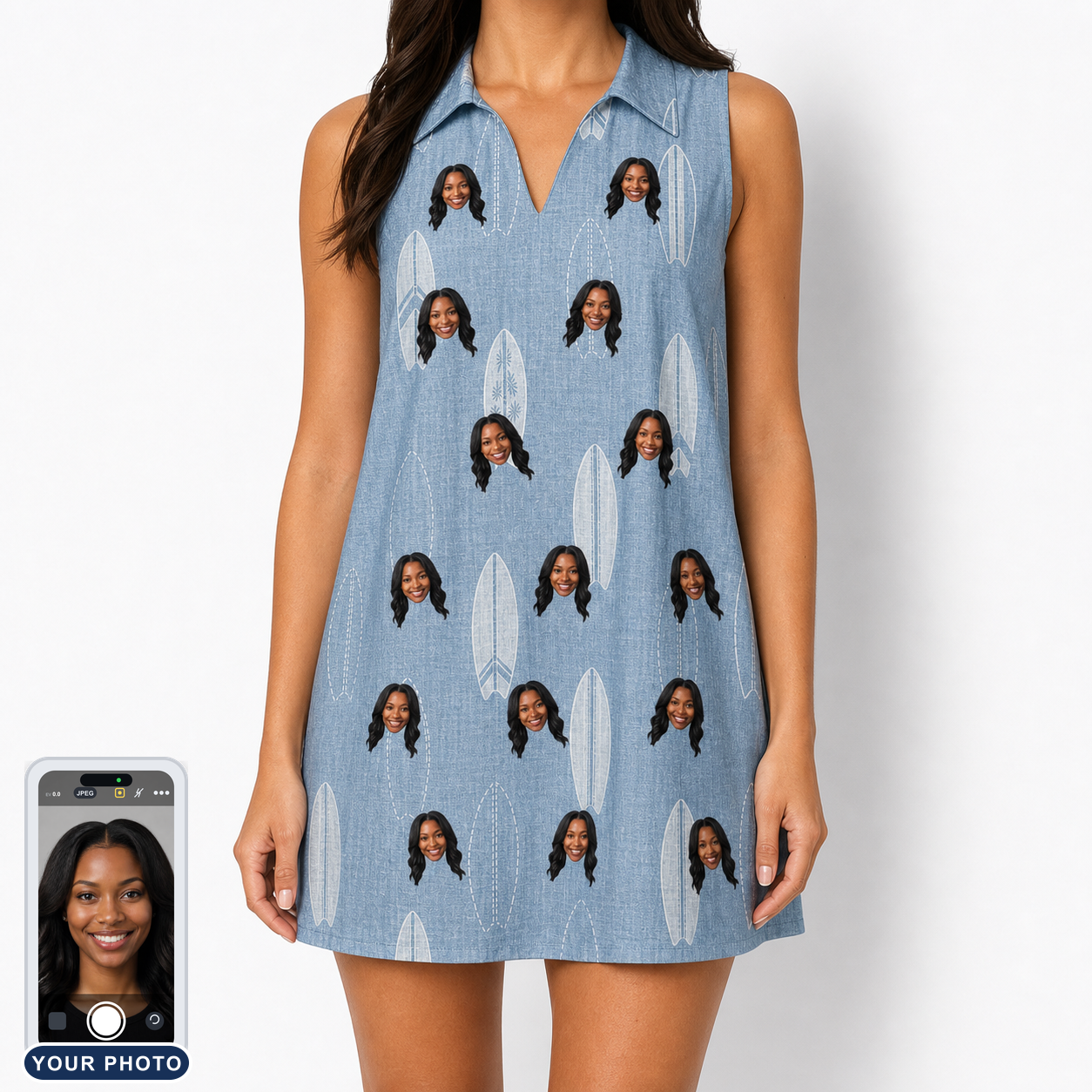 Women's Retro Riptide Custom Face V-Neck Dress