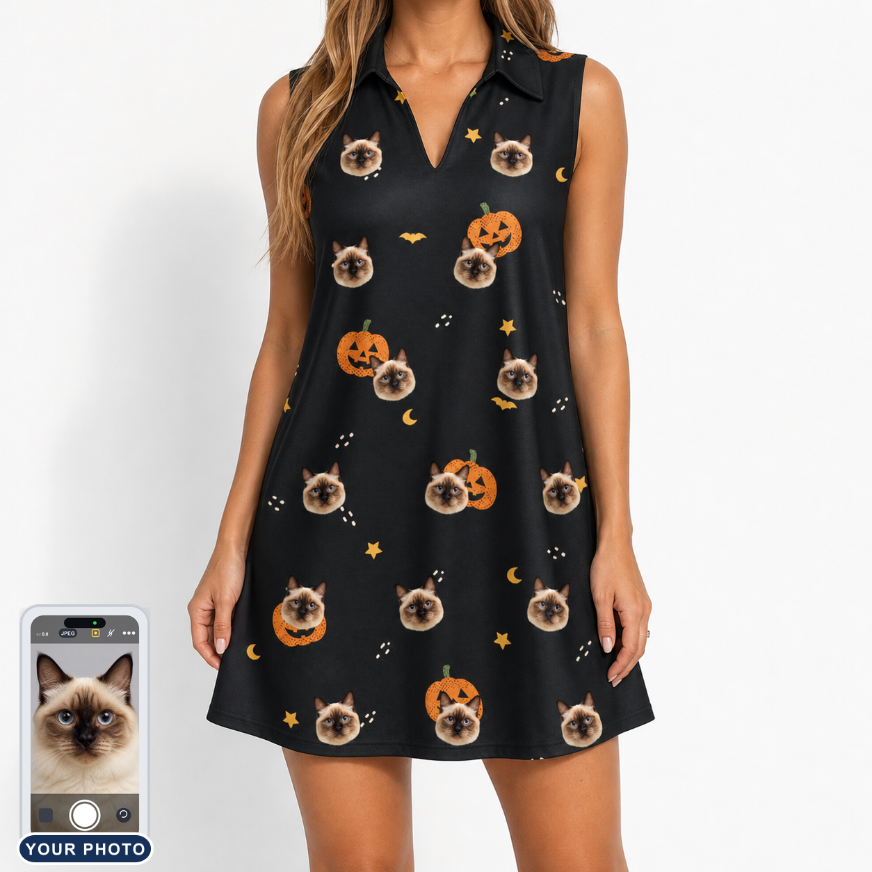 Women's Cackle Carvings Custom Cat Face V-Neck Dress