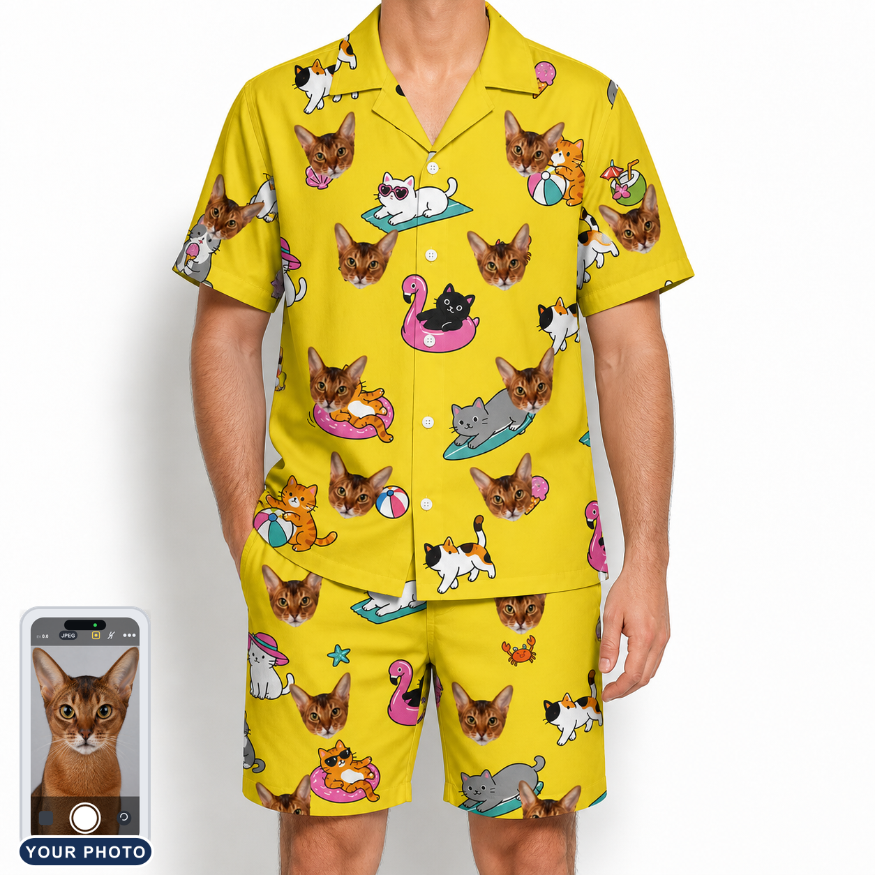 Men's Velvet Nuzzles Custom Cat Face Shirt & Shorts Set