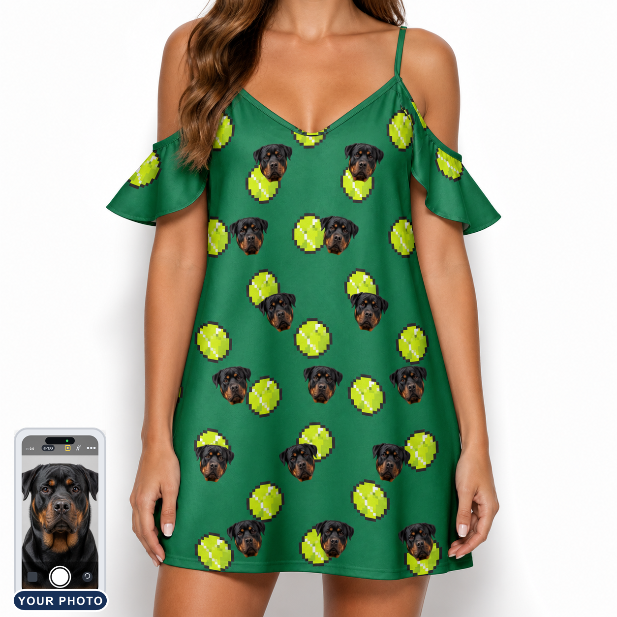 Women's Tennis Tails Custom Dog Face Off-Shoulder Dress