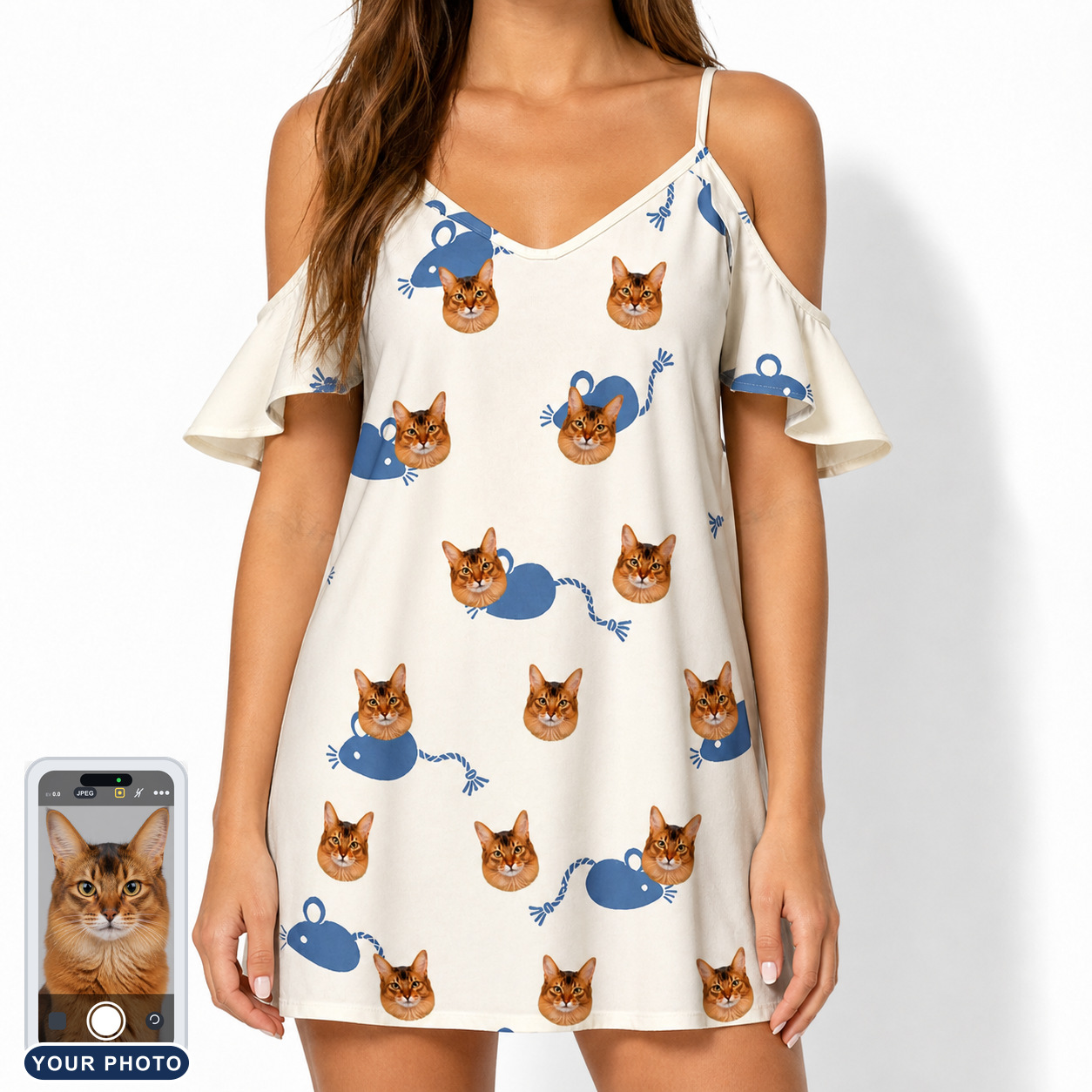 Women's Mouse Mêlée Custom Cat Face Off-Shoulder Dress