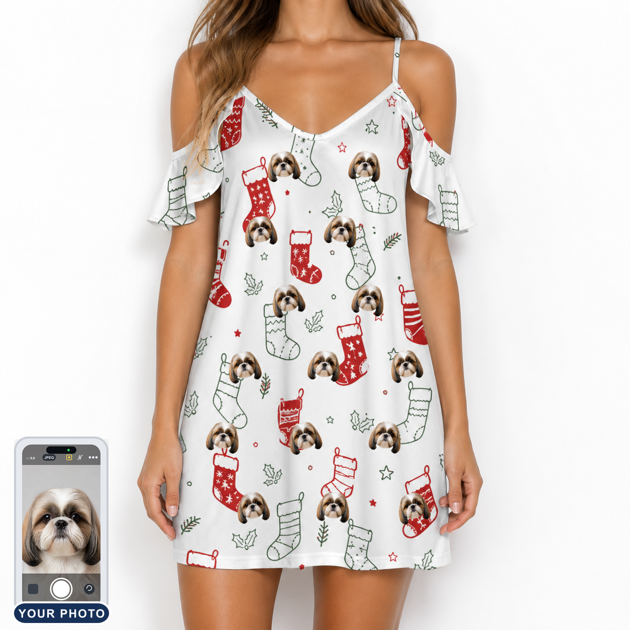 Women's Yule Pouches Custom Dog Face Off-Shoulder Dress