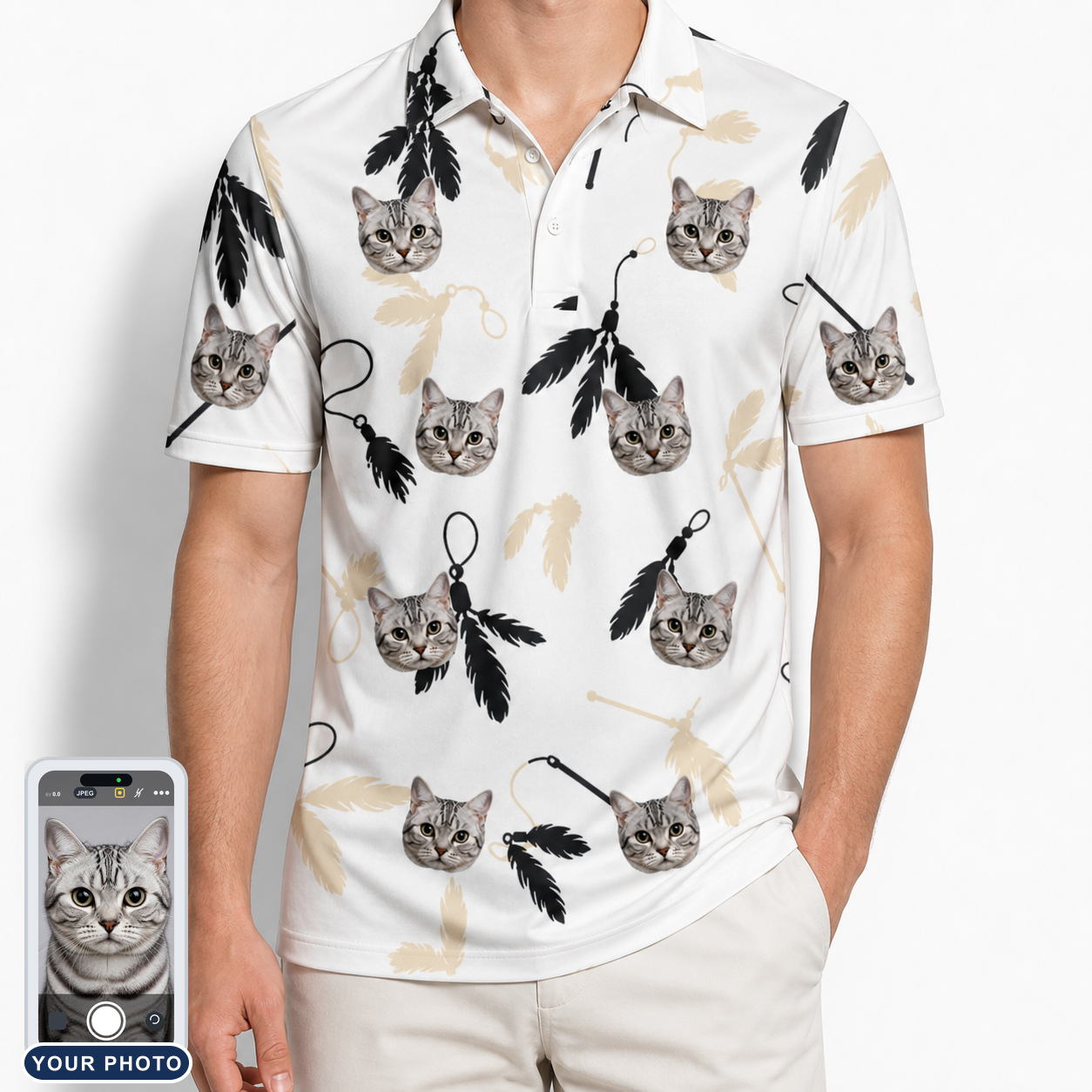 Men's Clawful Feathers Custom Cat Face Polo Shirt