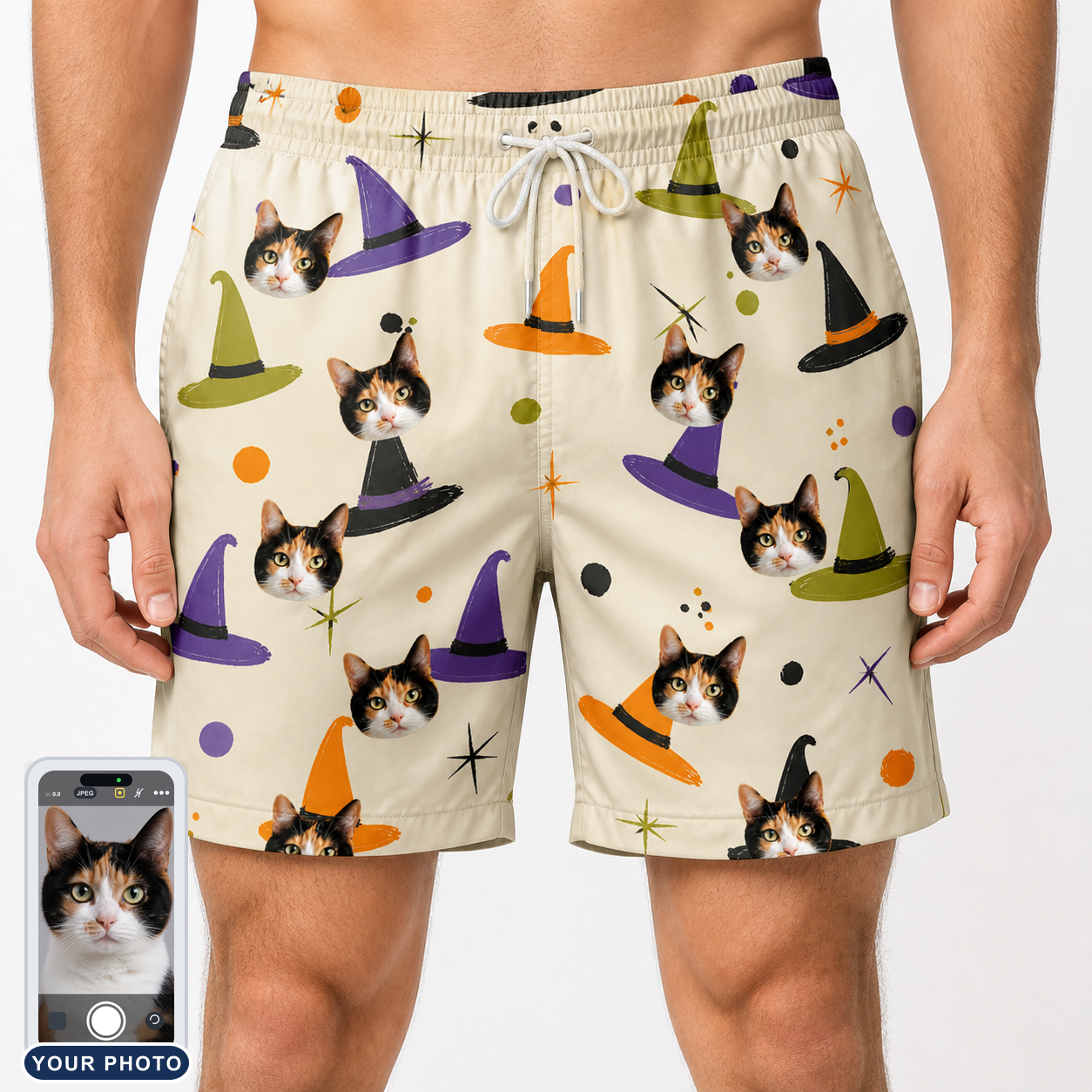 Men's Hexed Headwear Custom Cat Face Beach Shorts
