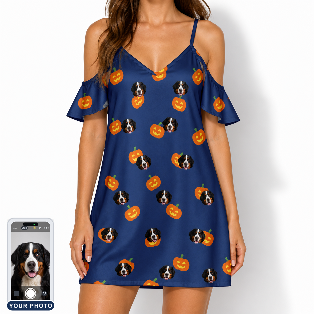 Women's Orange Oddities Custom Dog Face Off-Shoulder Dress