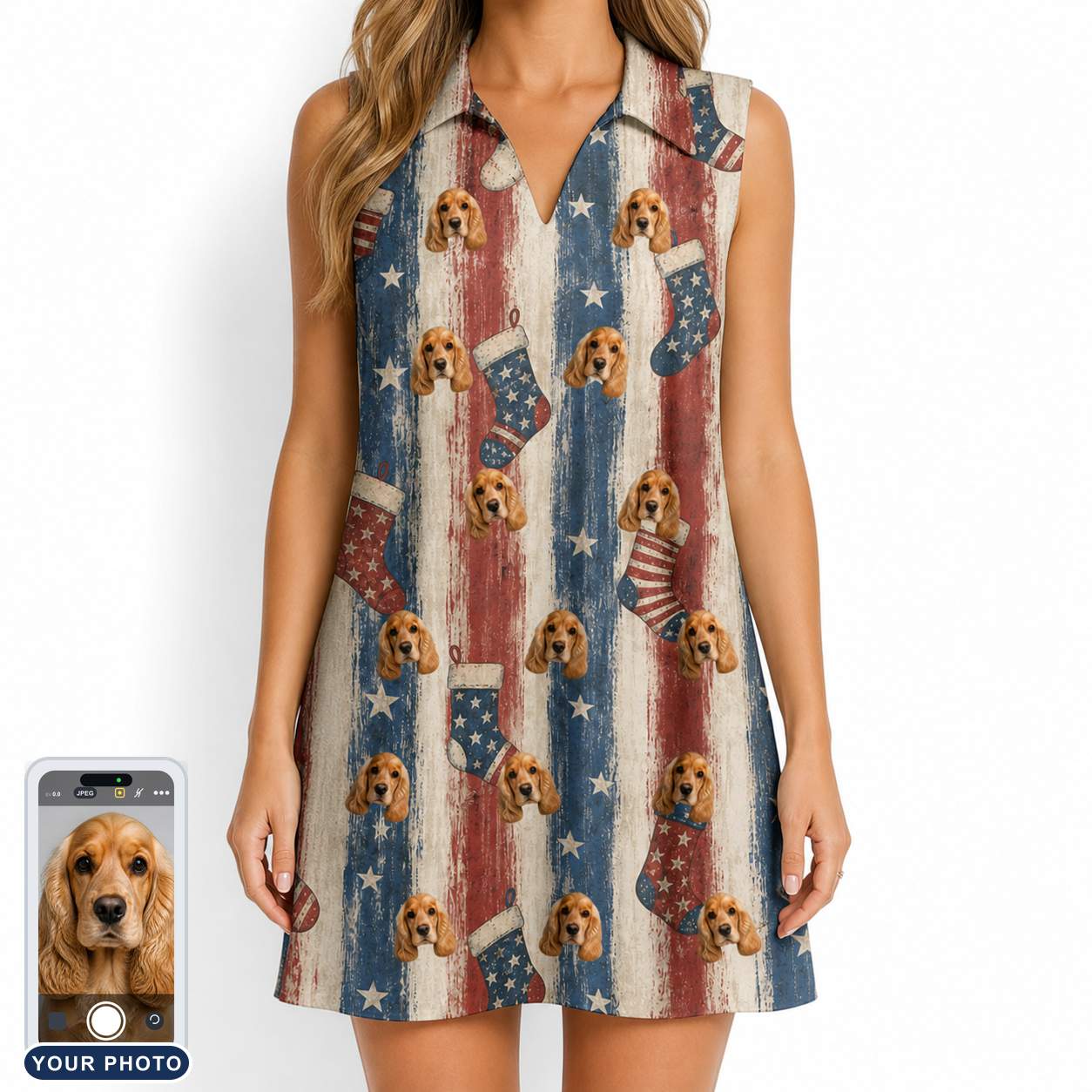Women's Christmas Cuffs Custom Dog Face V-Neck Dress