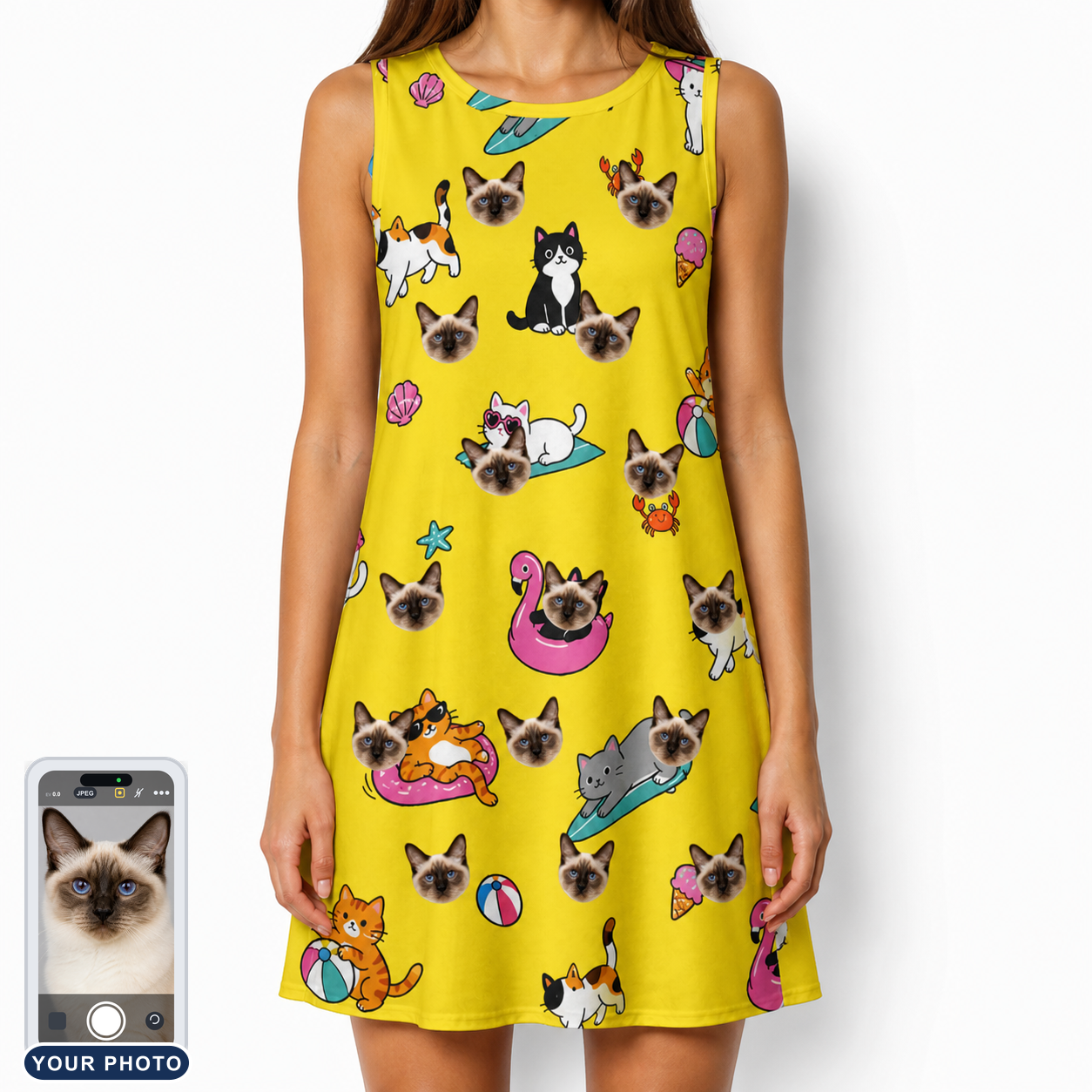 Women's Velvet Nuzzles Custom Cat Face Tank Dress