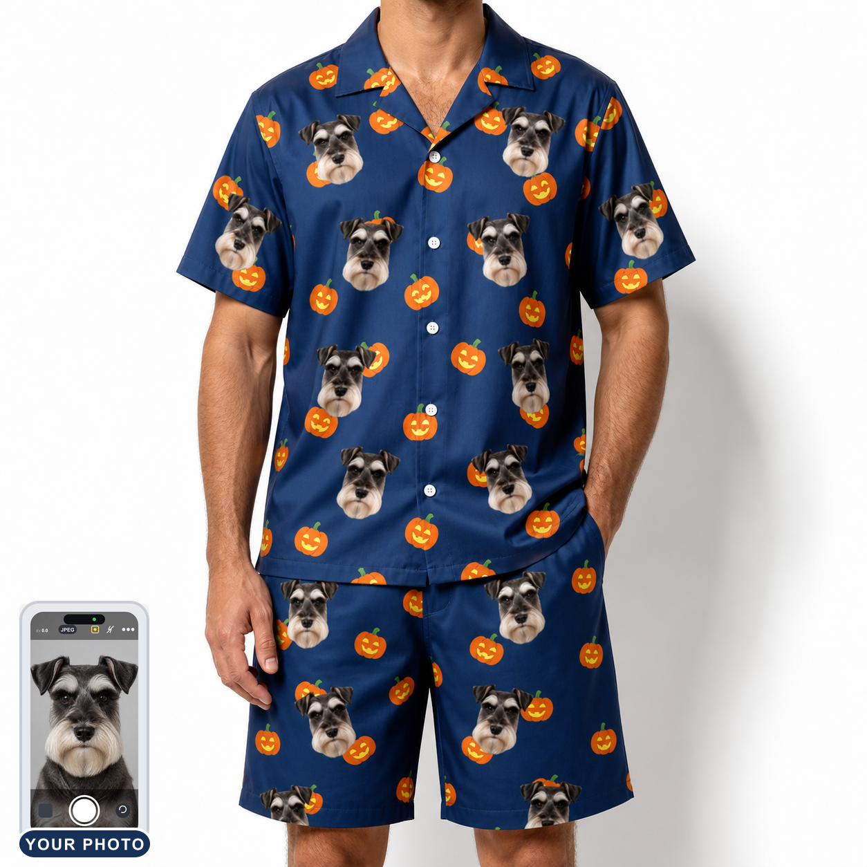 Men's Orange Oddities Custom Dog Face Shirt & Shorts Set