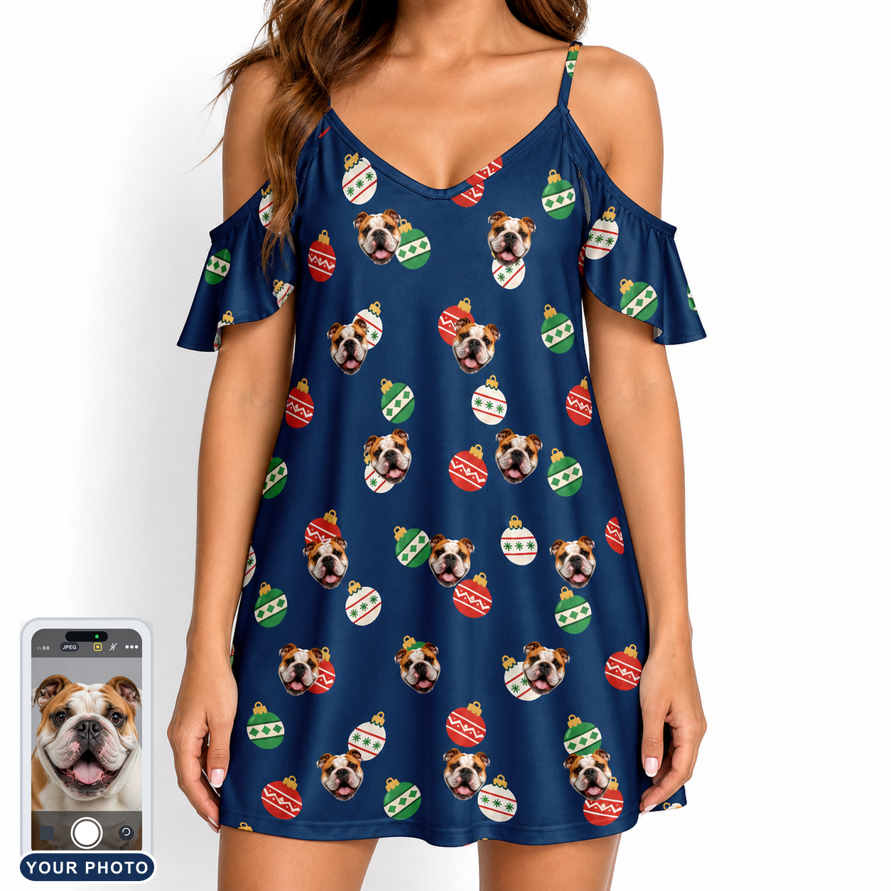 Women's December Dangles Custom Dog Face Off-Shoulder Dress