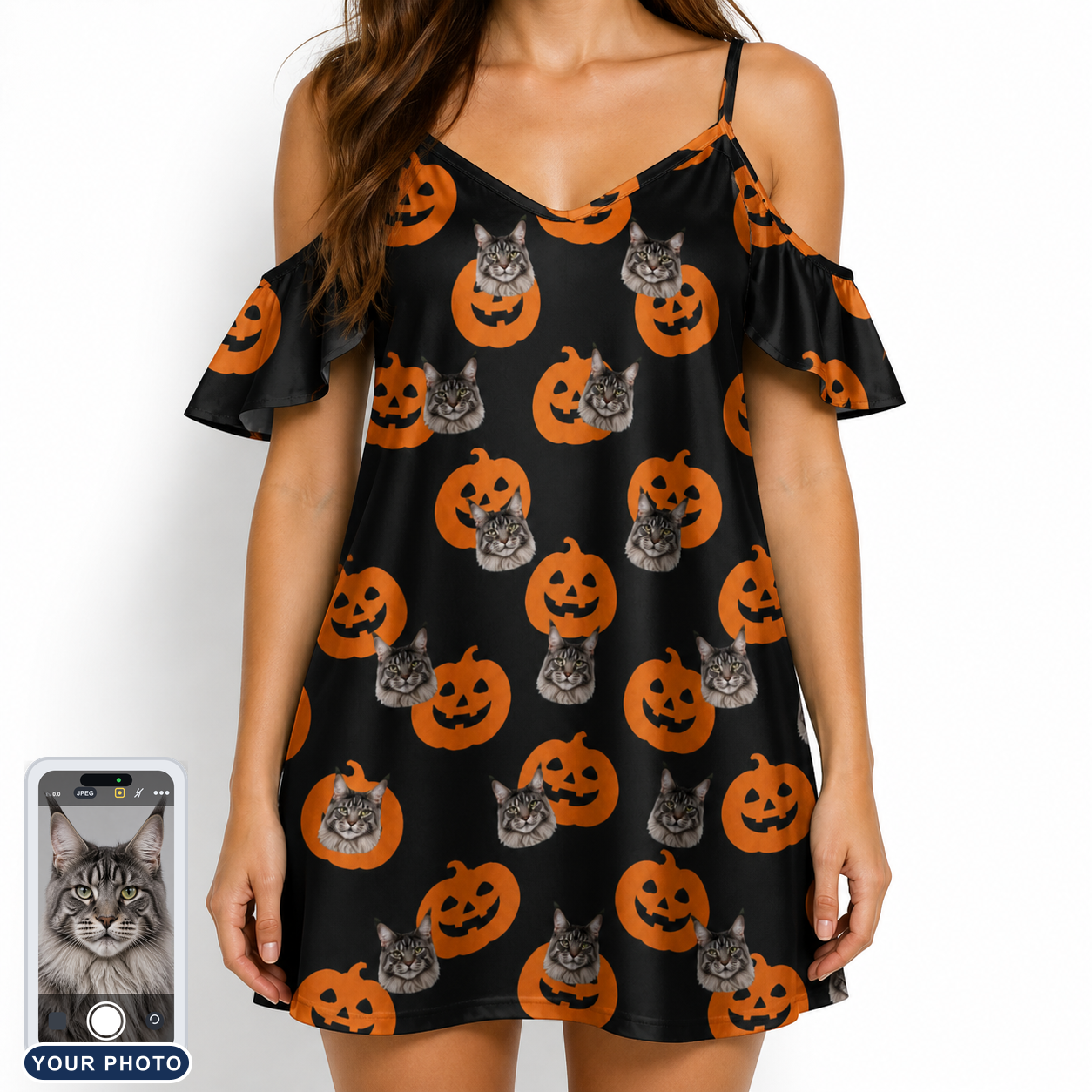 Women's Frightlight Fancies Custom Cat Face Off-Shoulder Dress