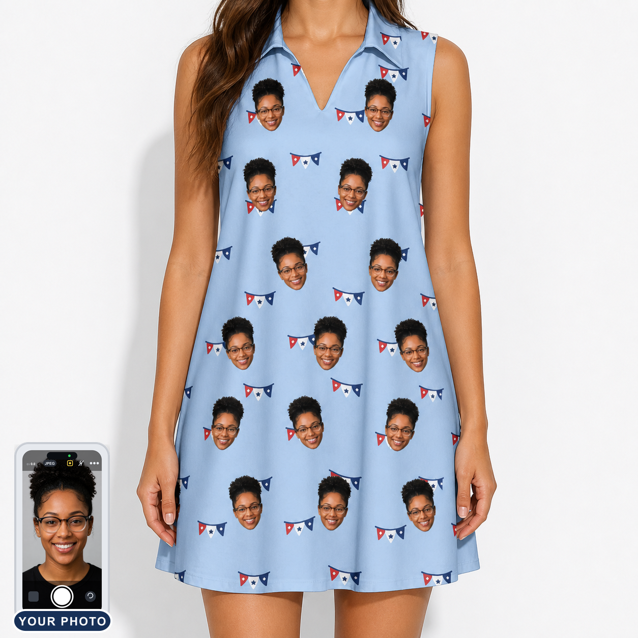 Women's Yankee Doodle Custom Face V-Neck Dress