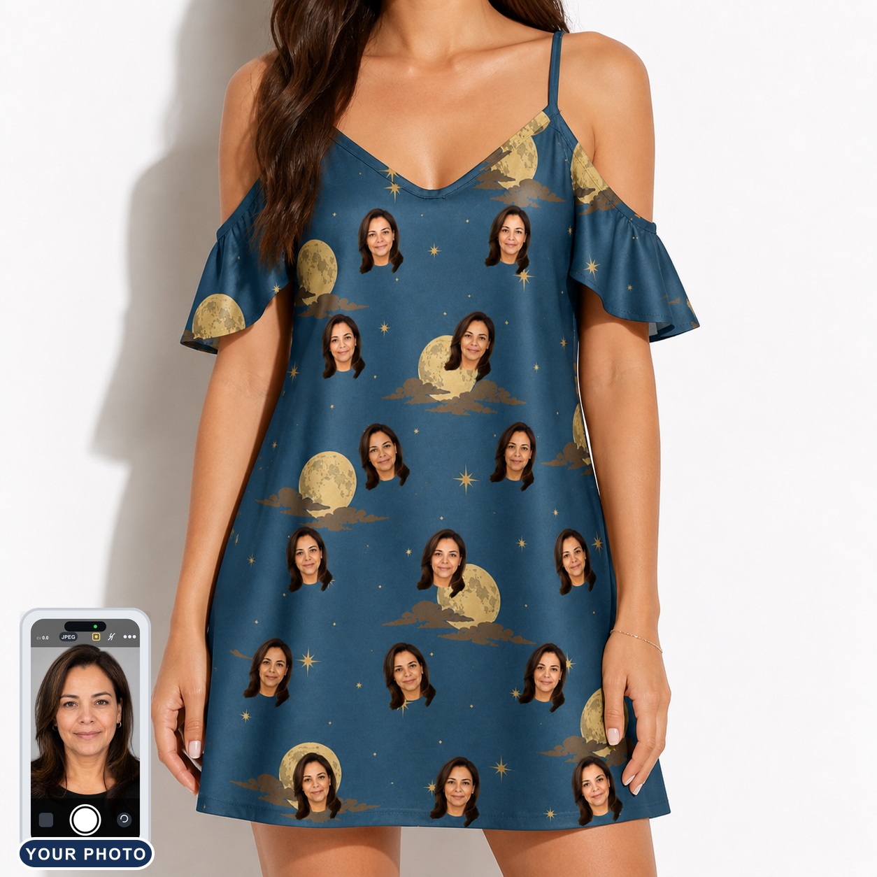 Women's Lunar Laughs Custom Face Off-Shoulder Dress