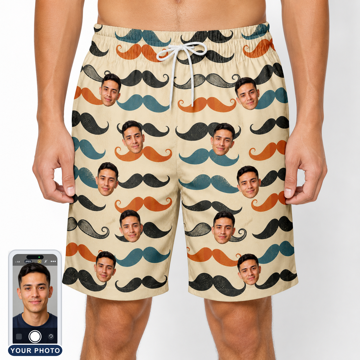 Men's Stache Celebration Custom Face Beach Shorts