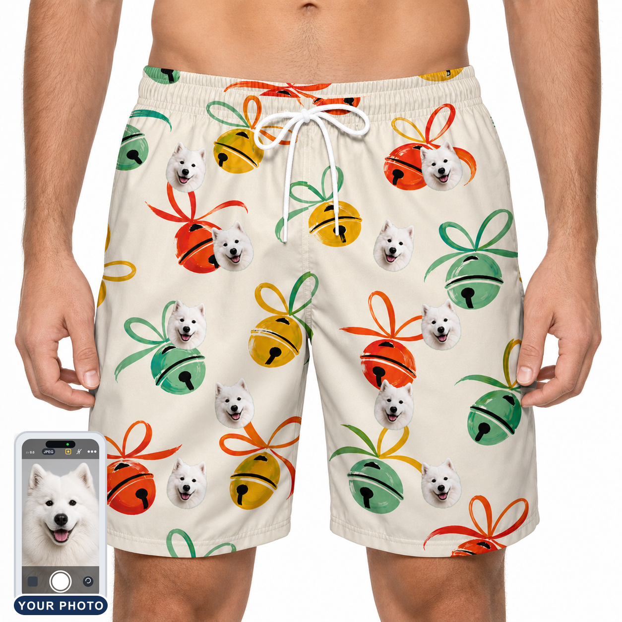 Men's Sleigh Bells Custom Dog Face Beach Shorts