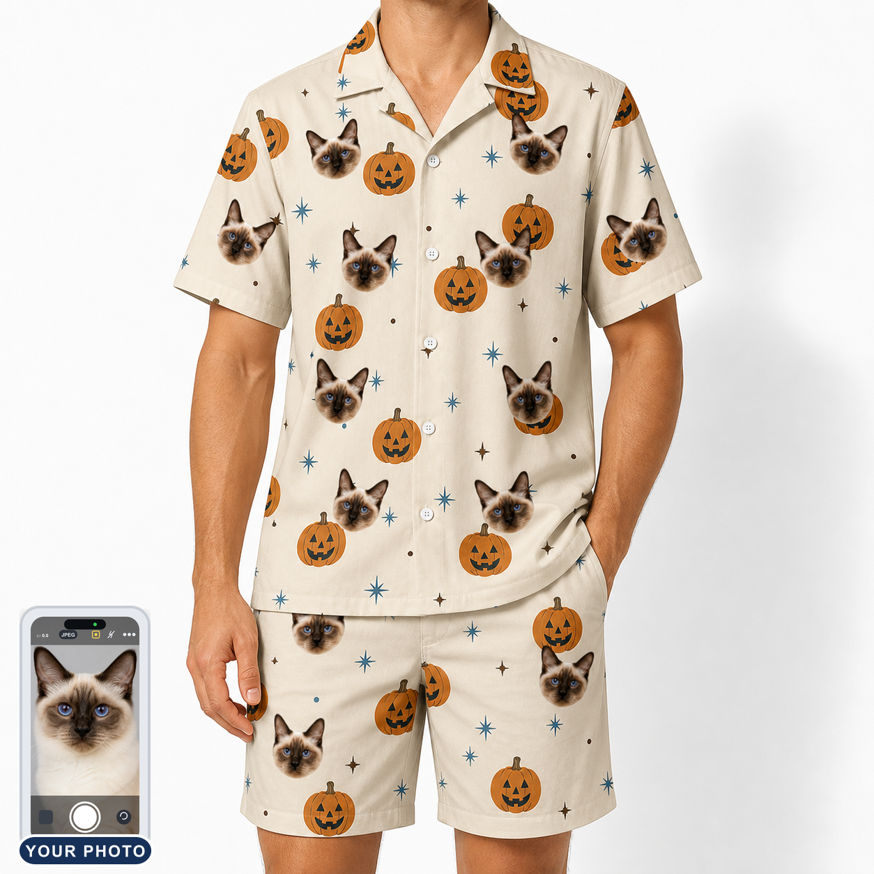 Men's Lantern Laughs Custom Cat Face Shirt & Shorts Set
