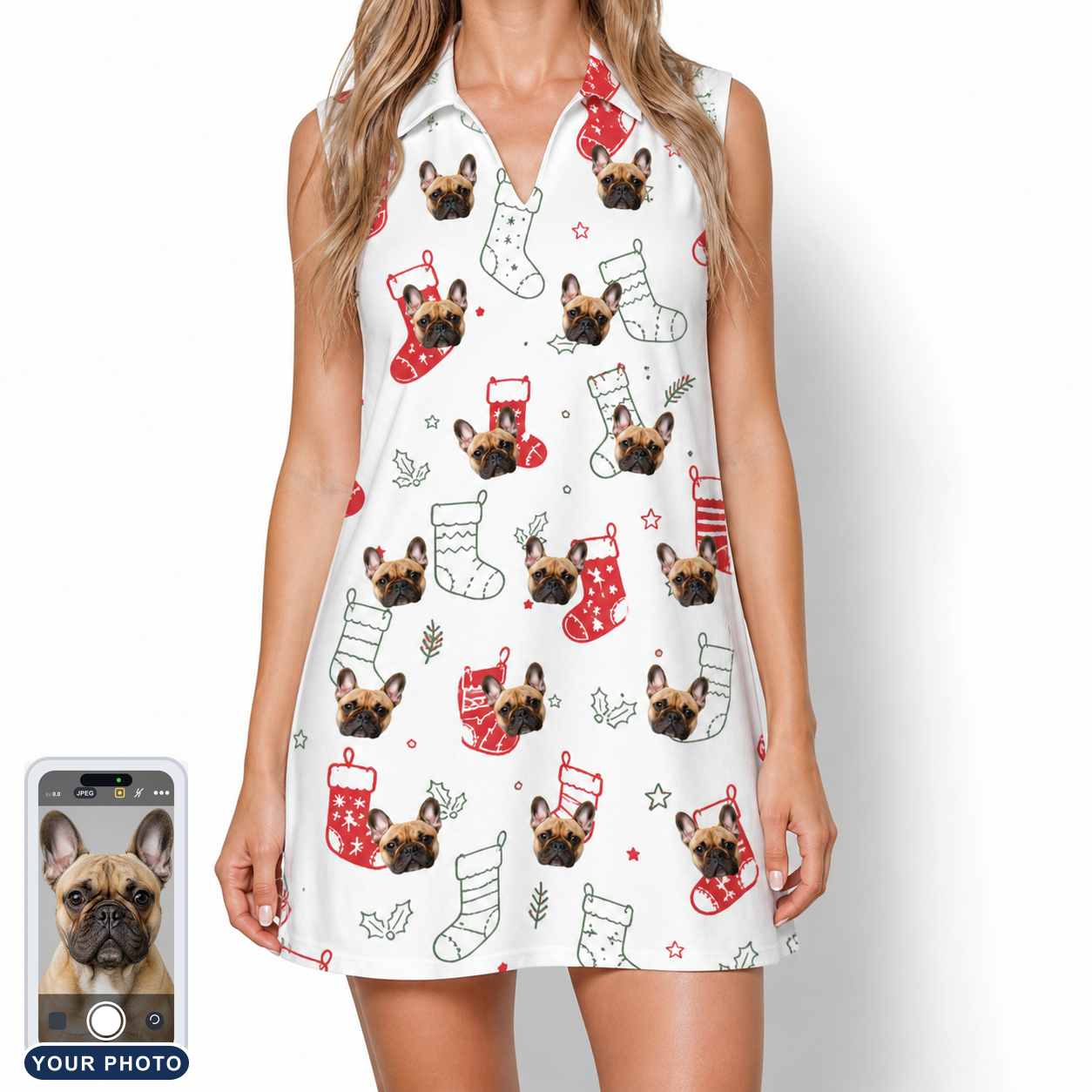 Women's Yule Pouches Custom Dog Face V-Neck Dress