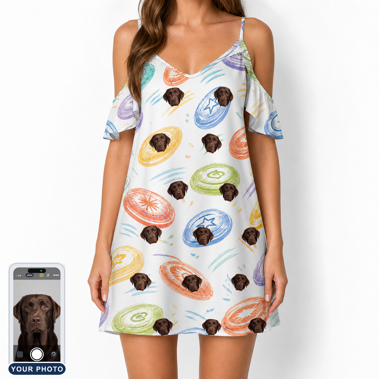 Women's Disc Dogs Custom Dog Face Off-Shoulder Dress
