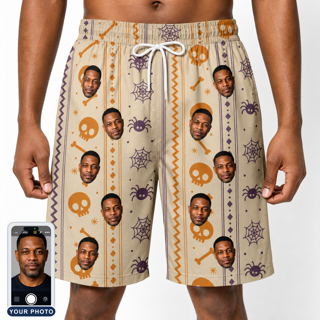 Men's Webbed Bones Custom Face Beach Shorts