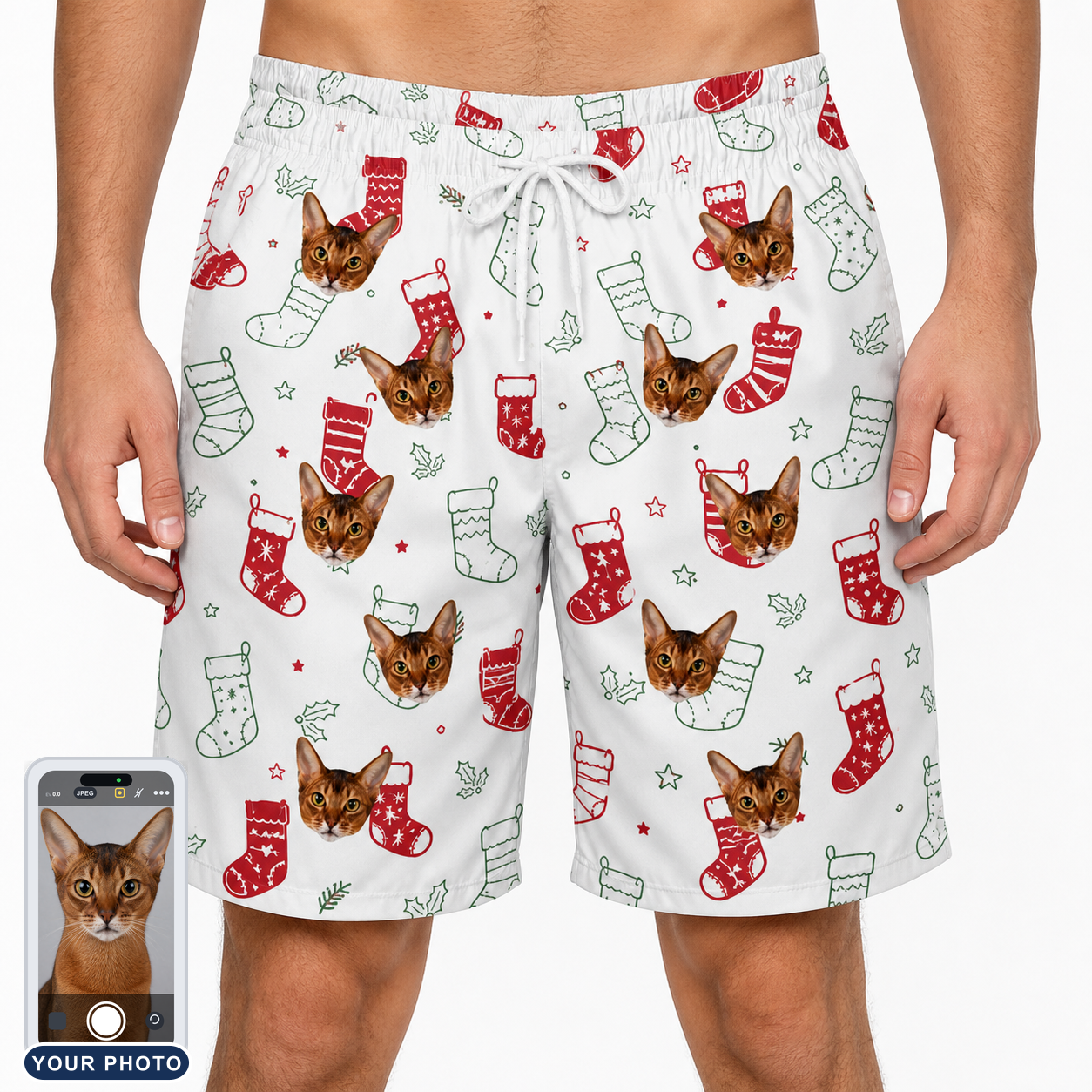 Men's Yule Pouches Custom Cat Face Beach Shorts