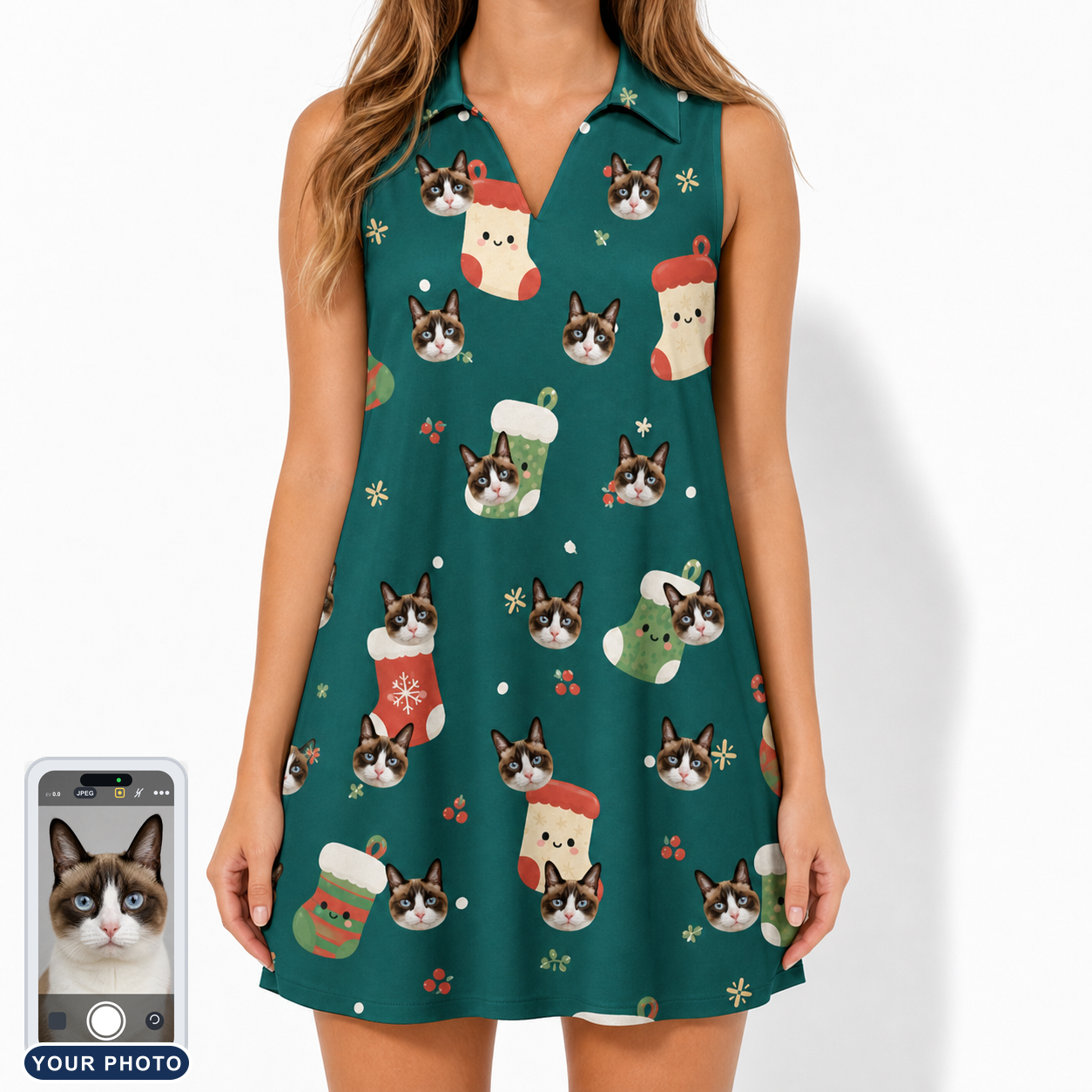 Women's Chimney Cheer Custom Cat Face V-Neck Dress