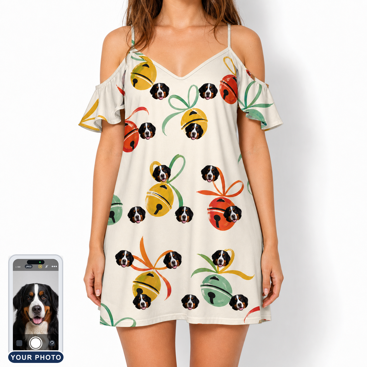 Women's Sleigh Bells Custom Dog Face Off-Shoulder Dress