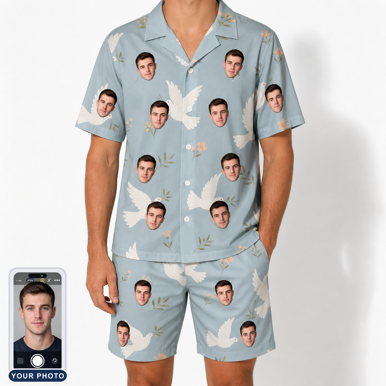 Men's Ivory Coo Custom Face Shirt & Shorts Set