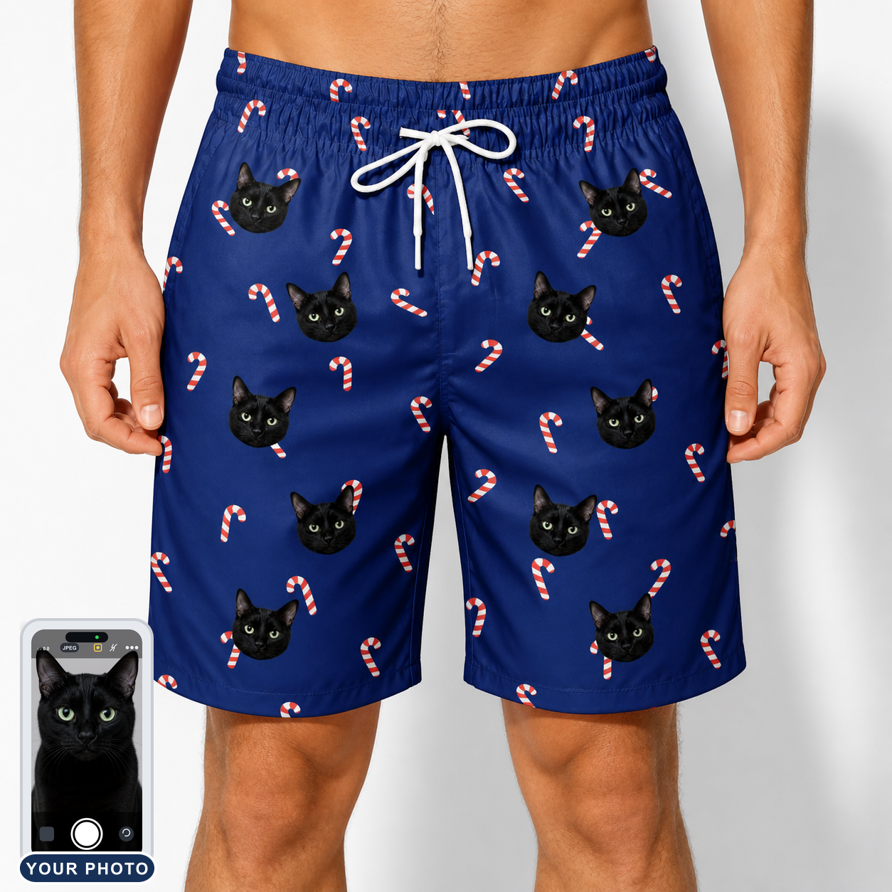 Men's Peppermint Pizzazz Custom Cat Face Beach Shorts