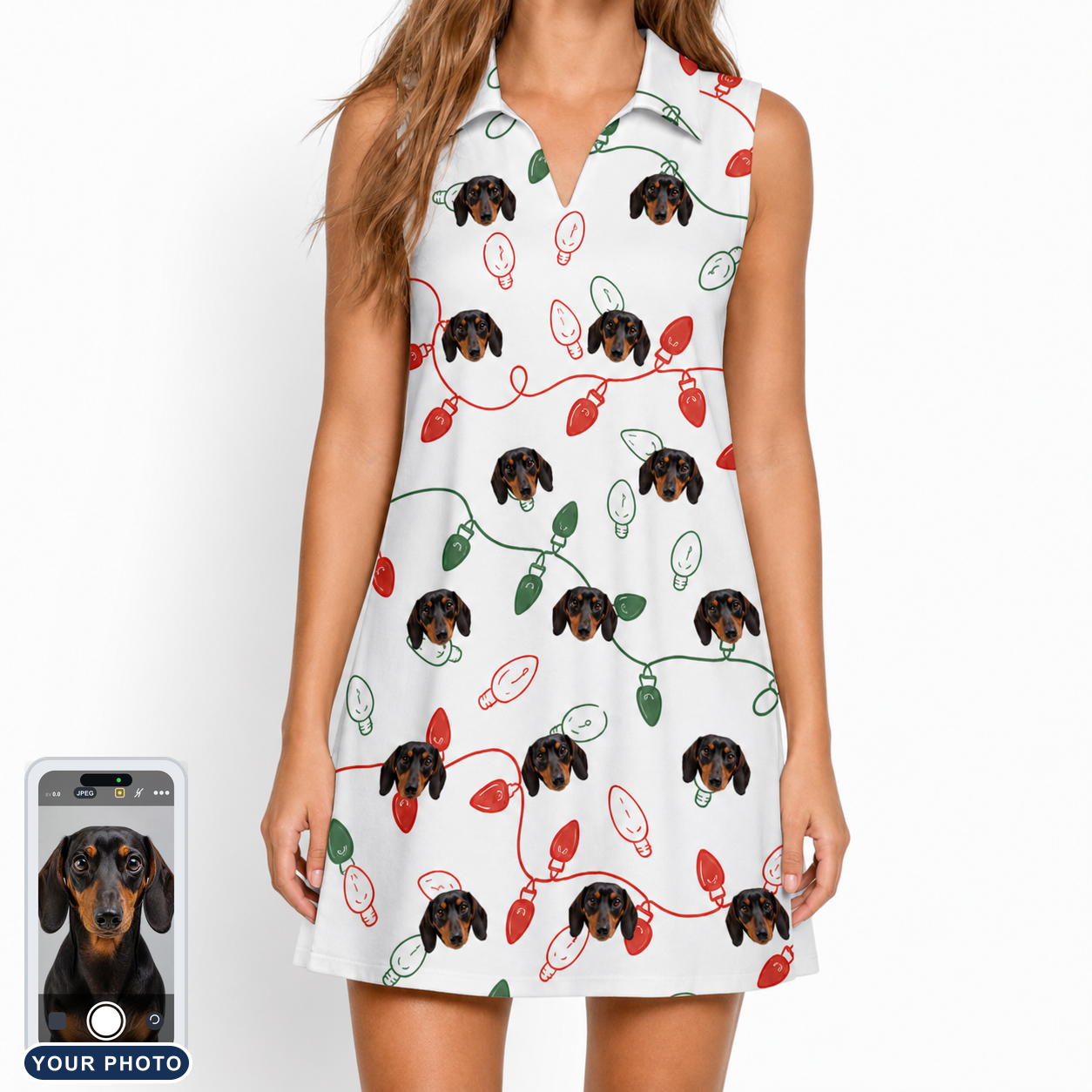 Women's Merry Circuits Custom Dog Face V-Neck Dress