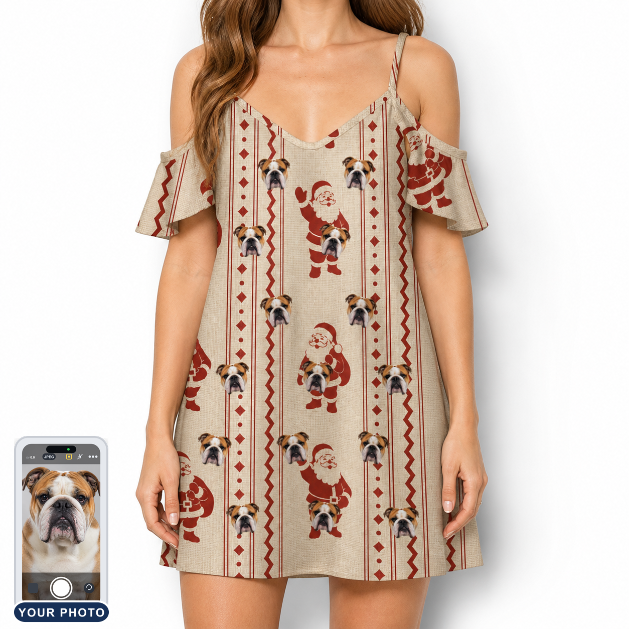 Women's Jolly Jingle Custom Dog Face Off-Shoulder Dress