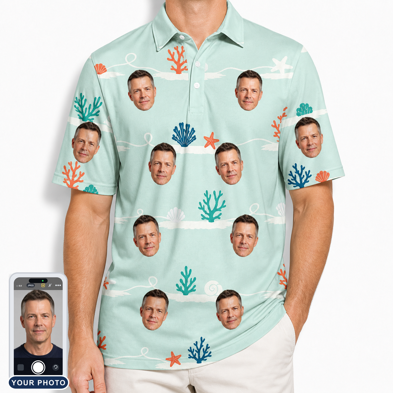 Men's Coral Current Custom Face Polo Shirt