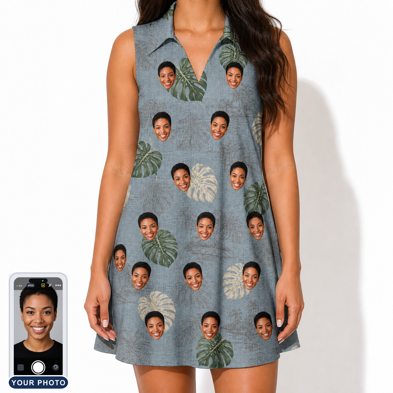 Women's Monstera Mingle Custom Face V-Neck Dress