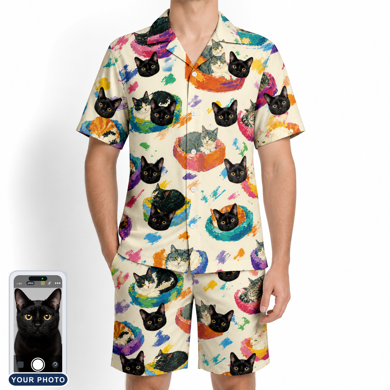 Men's Catnap Cabins Custom Cat Face Shirt & Shorts Set