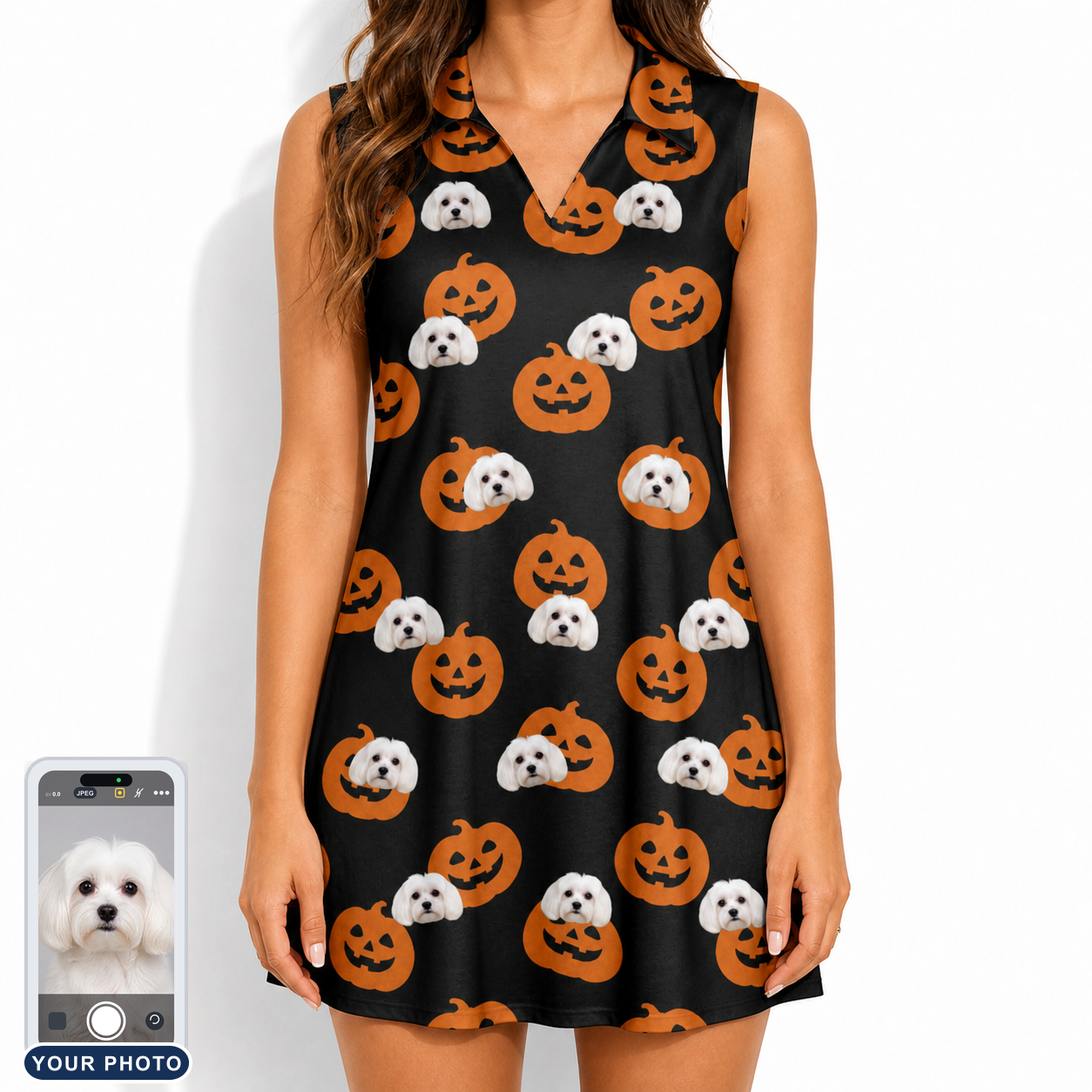 Women's Frightlight Fancies Custom Dog Face V-Neck Dress