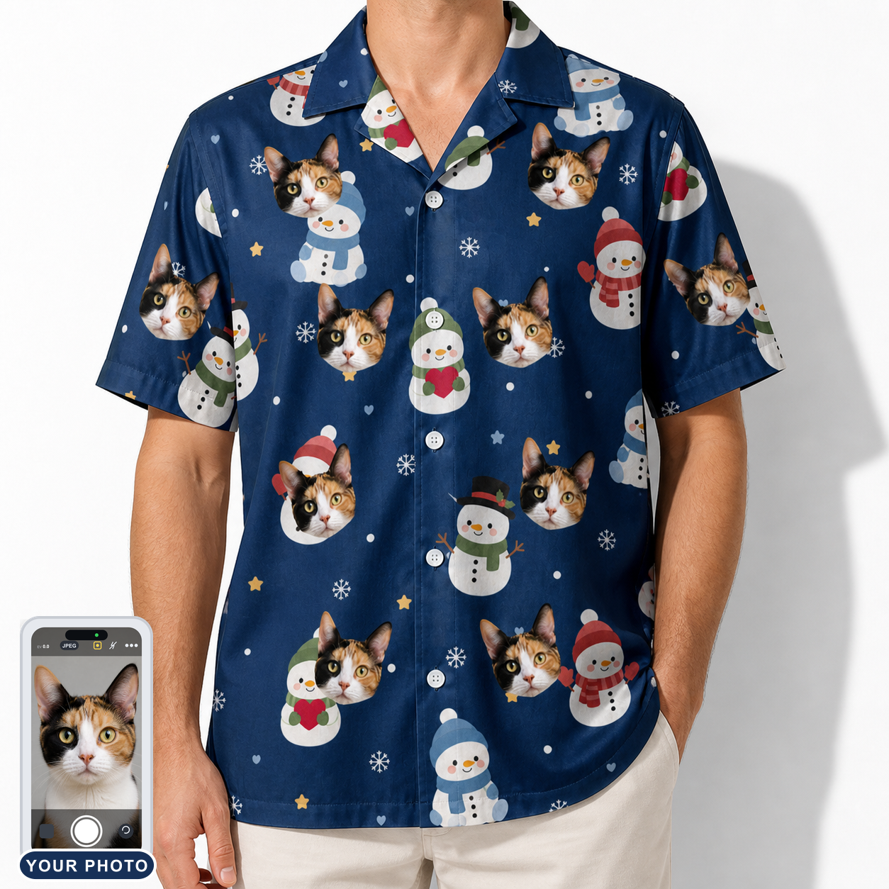Men's Snowman Shenanigans Custom Cat Face Hawaiian Shirt