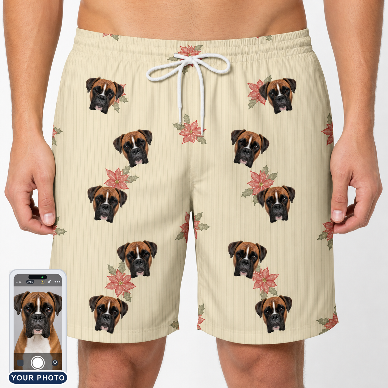 Men's Poinsettia Pop Custom Dog Face Beach Shorts