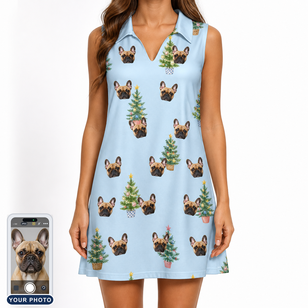 Women's Spruce Spectacle Custom Dog Face V-Neck Dress