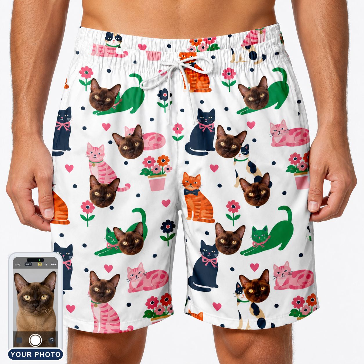 Men's Furball Follies Custom Cat Face Beach Shorts