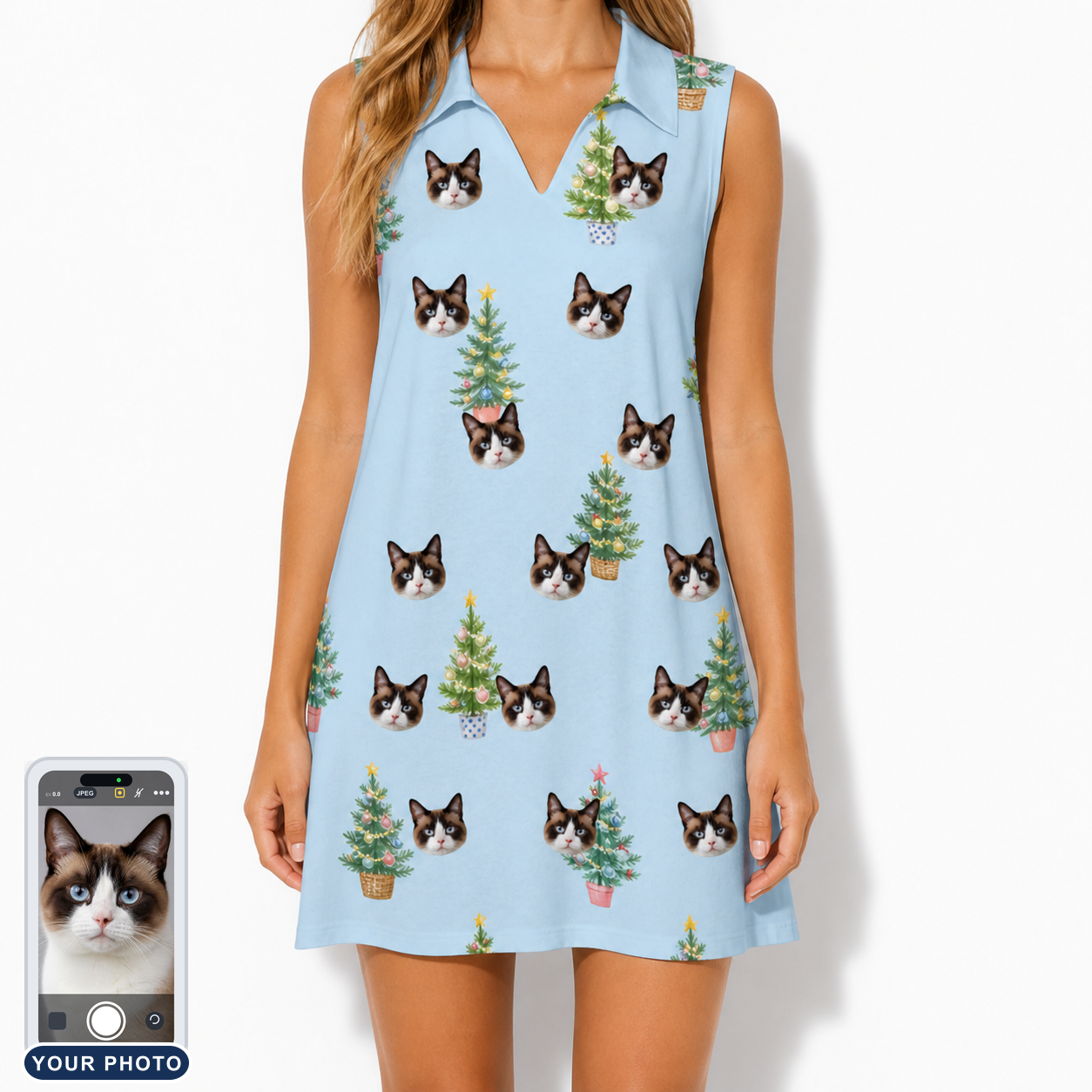 Women's Spruce Spectacle Custom Cat Face V-Neck Dress