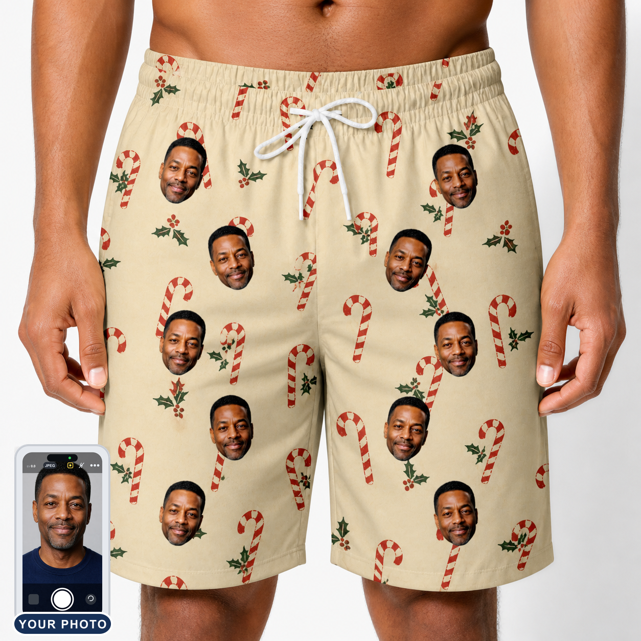 Men's Minty Mistletoe Custom Face Beach Shorts