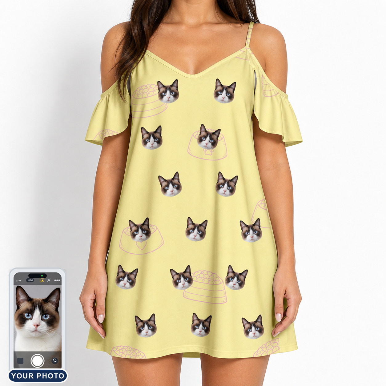 Women's Whisker Buffet Custom Cat Face Off-Shoulder Dress