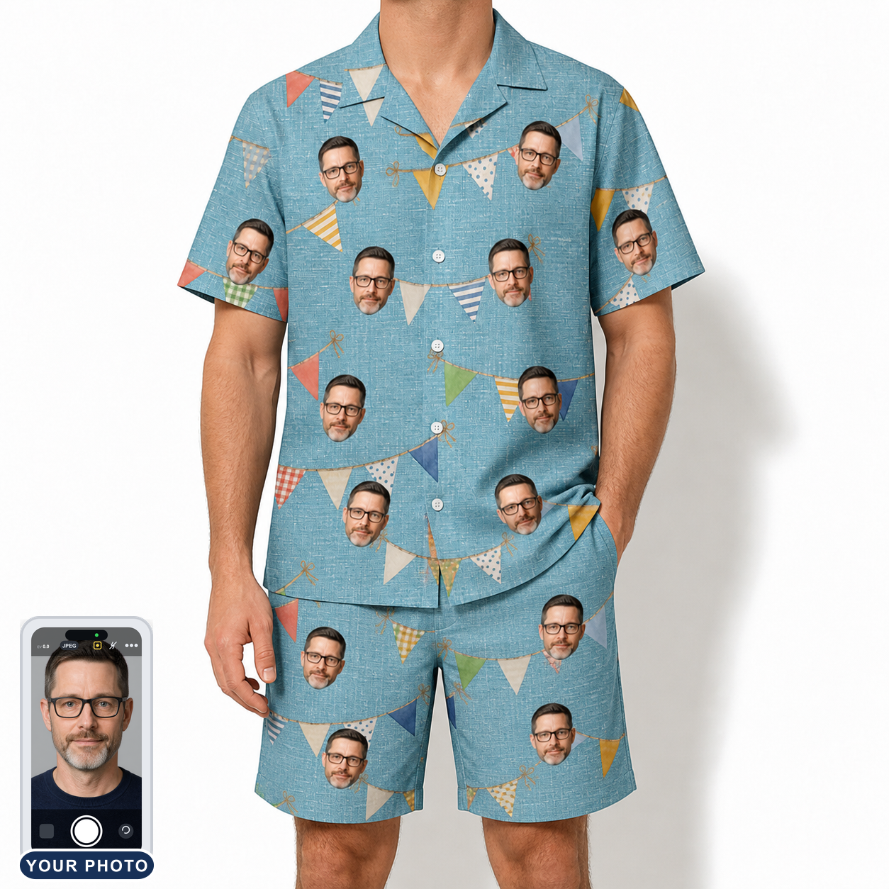 Men's Birthday Bunting Custom Face Shirt & Shorts Set