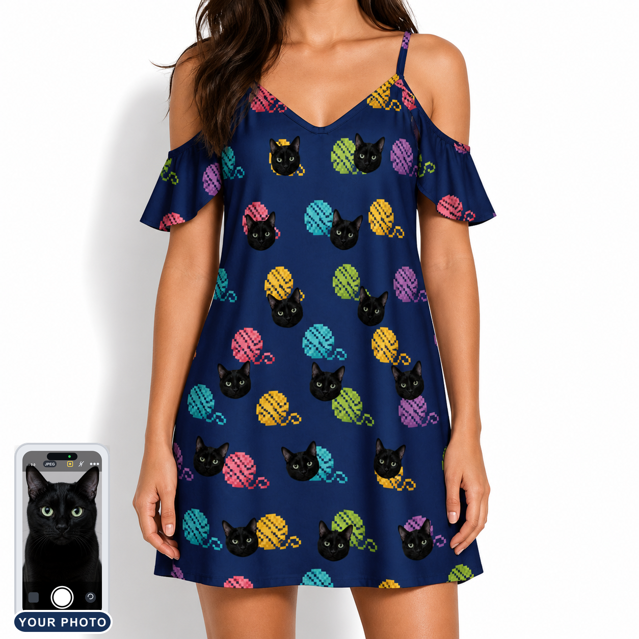 Women's Yarn Yowls Custom Cat Face Off-Shoulder Dress